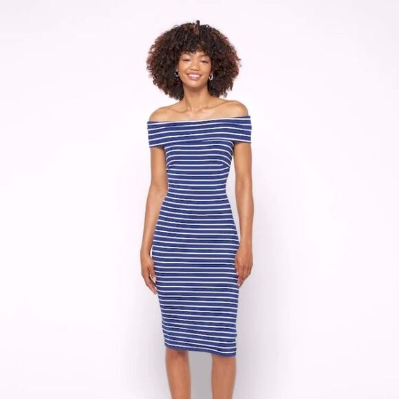 LAUREN Ralph Lauren Striped Off Shoulder Midi Dress in Blue/Cream size 6 - Picture 1 of 11